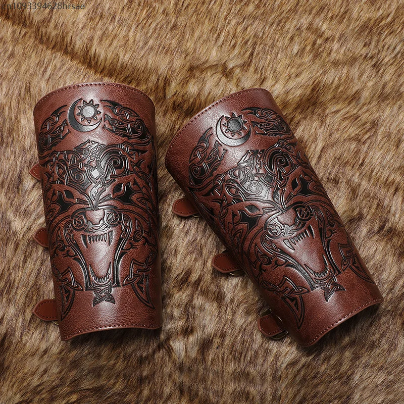 1 Pcs Medieval Gothic Armor Gloves Wide Cuffs Bracers Armor Arm Warmers Renaissance Pirate Knights PU Leather Lace-up Wristband