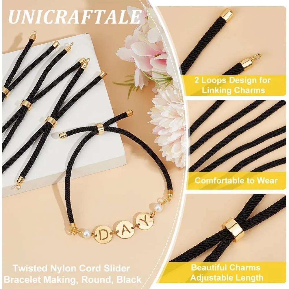 10Pcs Slider Bracelets Nylon Twist Cord Bracelet 22~23cm Black Link Bracelet with Metal Findings Adjustable Bracelet making kit