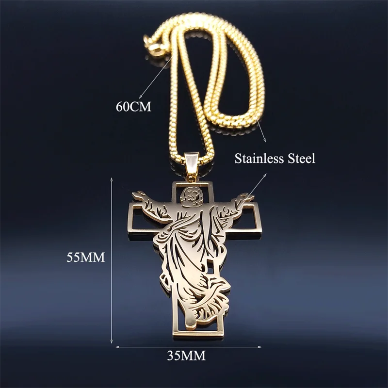 Jesus Cross Stainless Steel Pendant Necklace Gold Color for Women/Men Religious Christian Necklaces Jewelry collier N4573S02