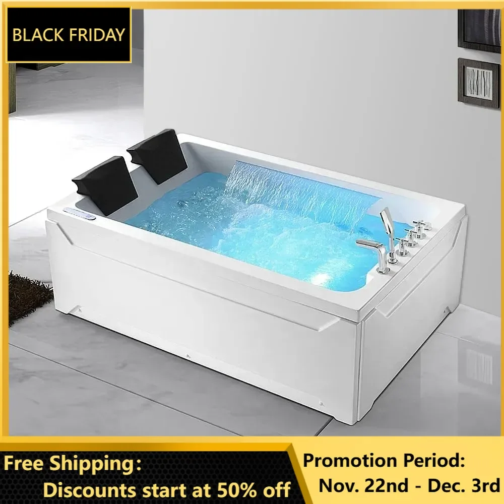 Bathtub, 73'' Whirlpool Tub Water Massage Two Person Jetted Bathtub 3 Sided Apron Corner Whirlpool Tub with 22 Water Jets