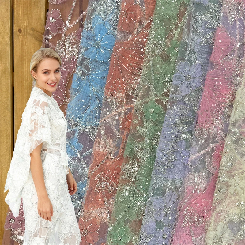 

1 Yards Floral Embroidered Pearl Lace Fabric Wedding Gown Dress Sequin Tulle Mesh Lace Fabric DIY Sewing Craft Costume