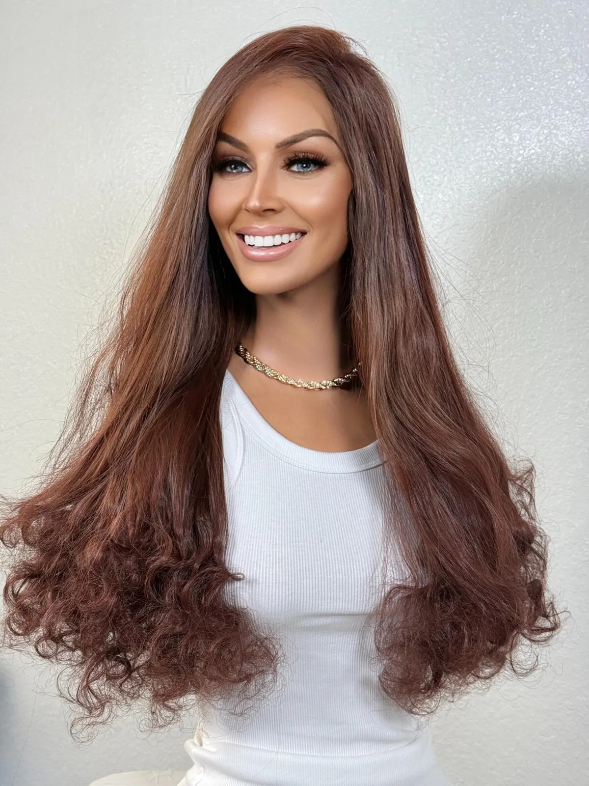 

Mahogany Brown Strait Thick Curly Free Part Whole Lace TopBlend Wig