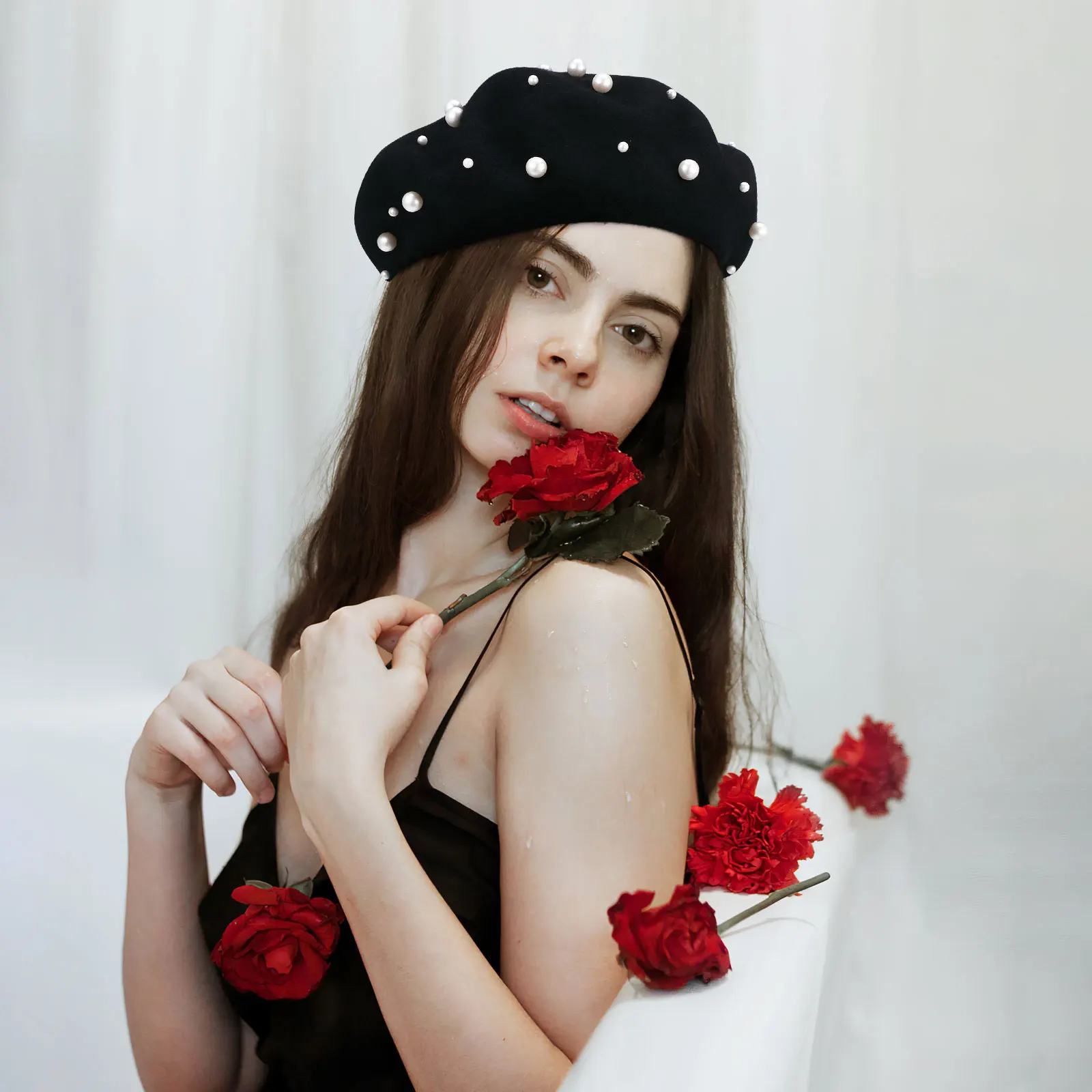 

Work Pearl Foldable Beaded Rivet Wool Beret Winter Hats Autumn Winter Cashmere Beret Accessories