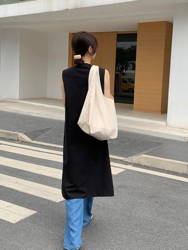 Women\'s Summer Casual Long Linen Tank Dress Split Hem Sleeveless V Neck Midi Sundress Simple Holiday Sarafans