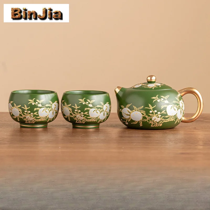 

Dark Green Hand Painted Peach Tea Set Complete Set Elegant Tea Ceremony Set Teapot And Tea Cup Set Tea Services Ornaments Craft