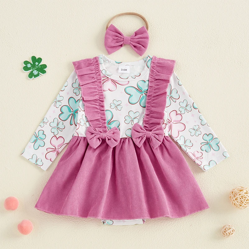 St Patrick s Day Green Shamrock  Dress with Ruffle Sleeves and Matching Headband for Baby Girl - Irish Outfit