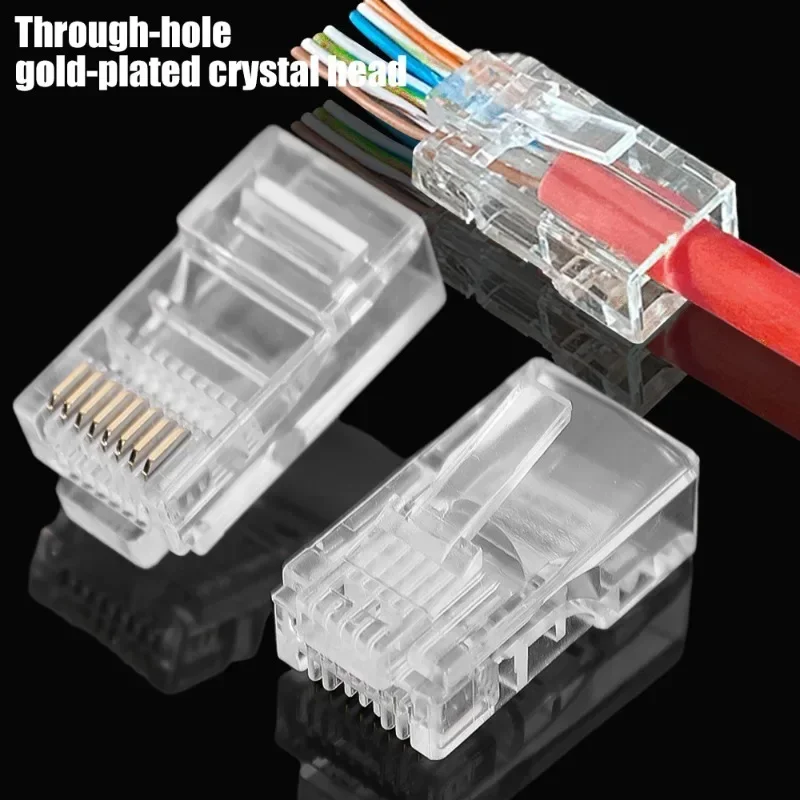 RJ45 Cat6 Cat5e Connector Ends Gold Plated 8P8C Ethernet Pass Through Plug UTP Network Plug Ethernet Cable Crimp Connectors