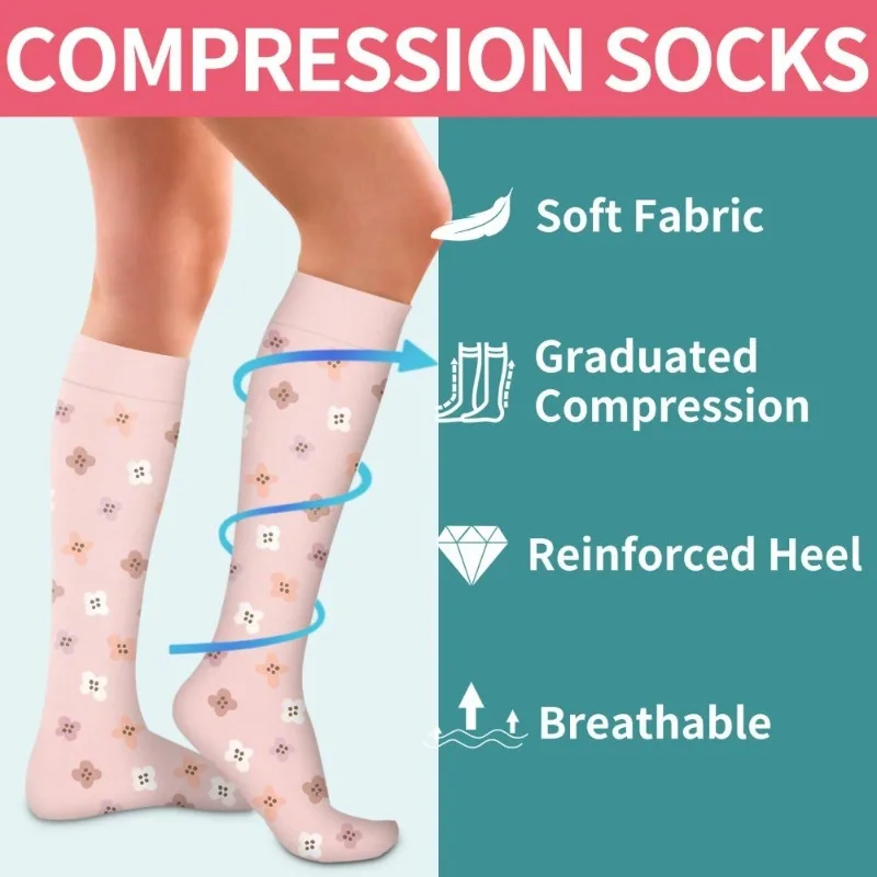 6 Pairs 20-30mmHg Knee High Floral Compression Socks for Women Men Soft Breathable Support Socks for Running Hiking Nurse Travel