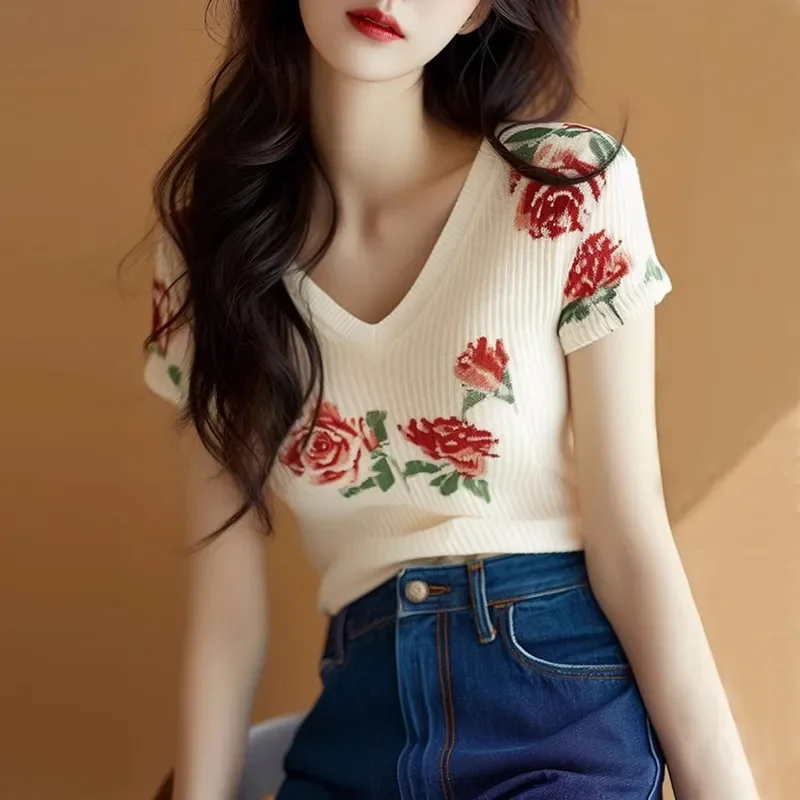 Women's Beige V Neck Knit Top Short Sleeve With 3D Rose Embroidery Casual Slim Fit Blouse
