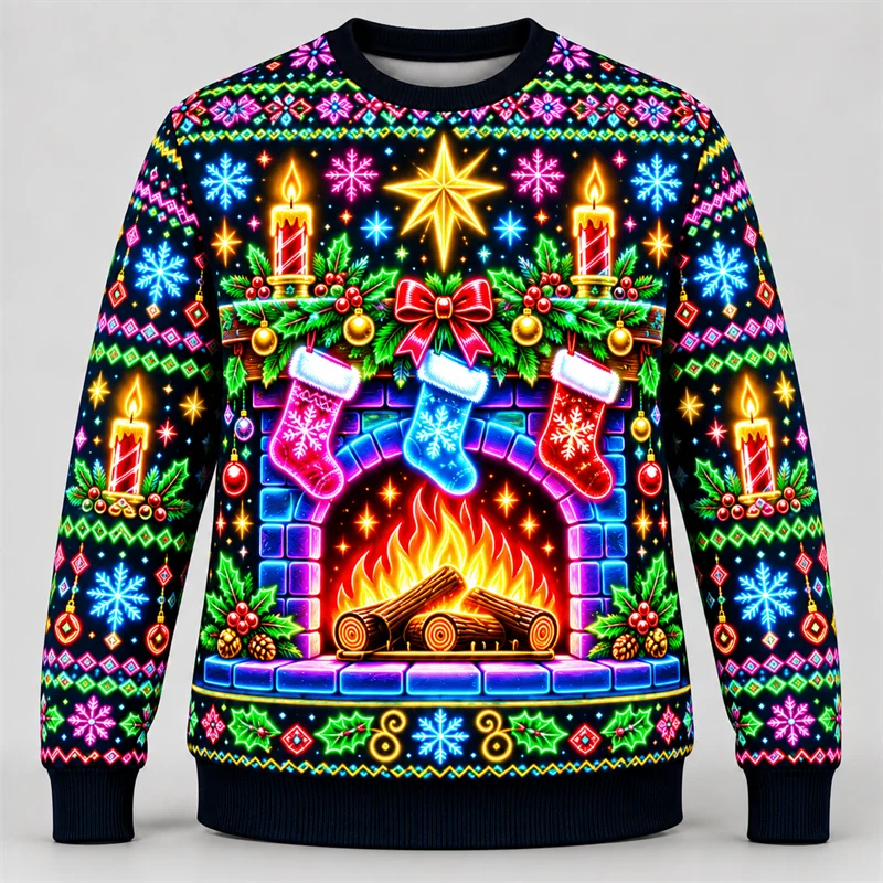 Neon Ugly Christmas Sweater Men Fireplace Stockings Christmas Truck Ferris Wheel Robot Cat Print Crewneck Long Sleeve Pullover