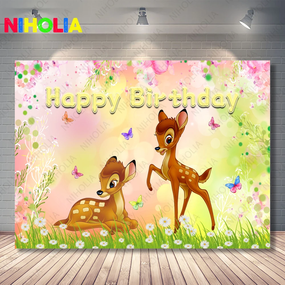 Crown Bambi Floral Poster Backdrop Flowers Girl 1st Birthday Party Background Bunny Bird Deer Baby Shower Photo Banner