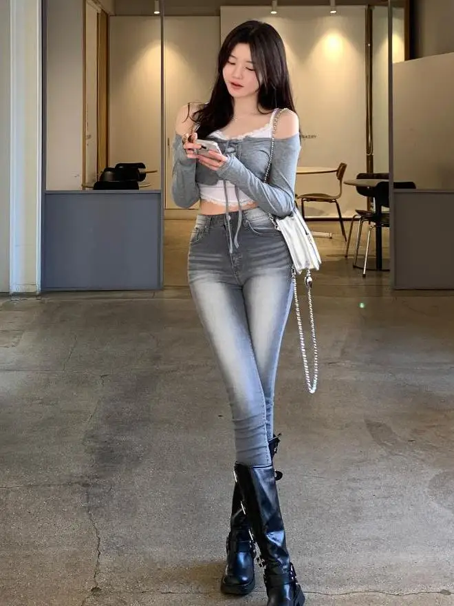 

High Waist Stretchy ey Retro Dongda Gate Slimming Leggings Pencil Nine Point Pants Butt Lifting Women's Jeans Cotton Elastic