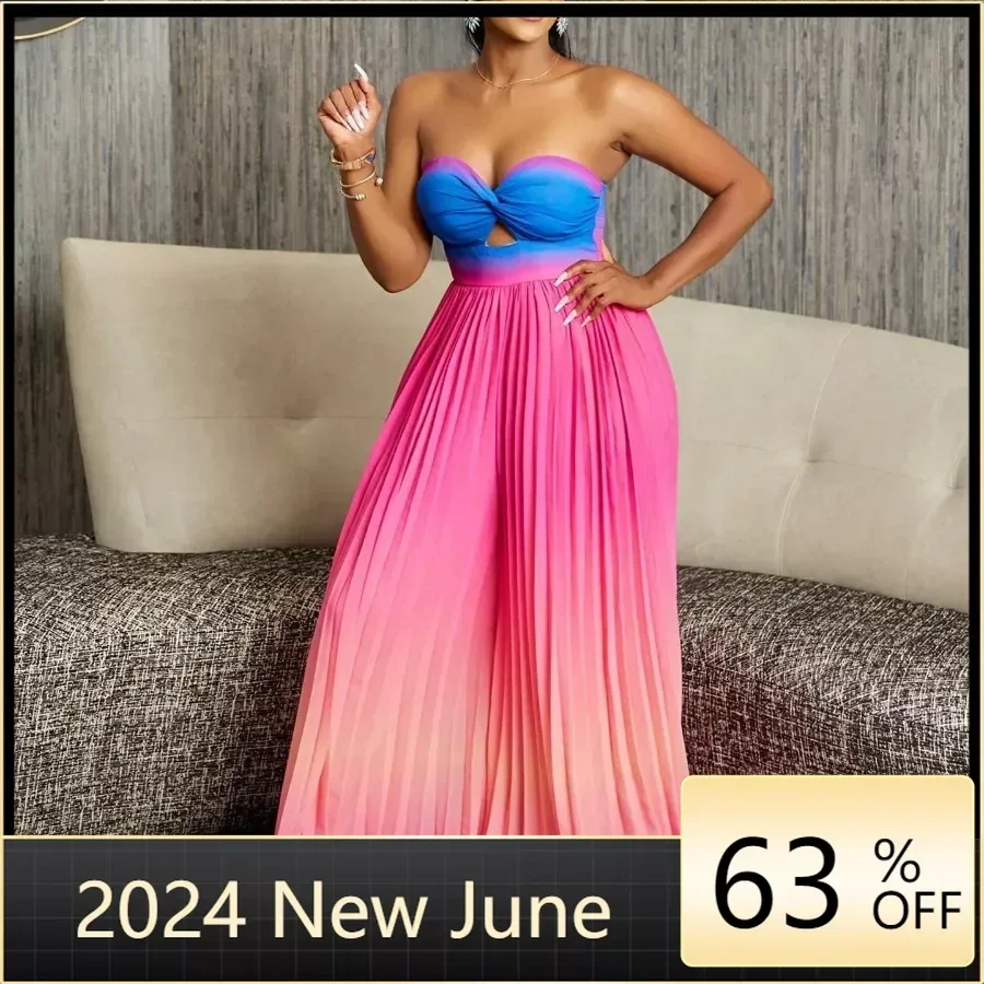 

Dashiki African Elegant Fashion Women Pleated Jumpsuits Sleeveless Wide Leg Pants Rompers Party Office Outfits 2024 Summer