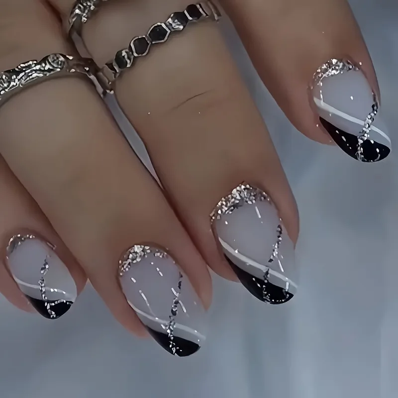 Oval black and white lines nail art simple premium glitter wear nail removable Spice girl fake nails