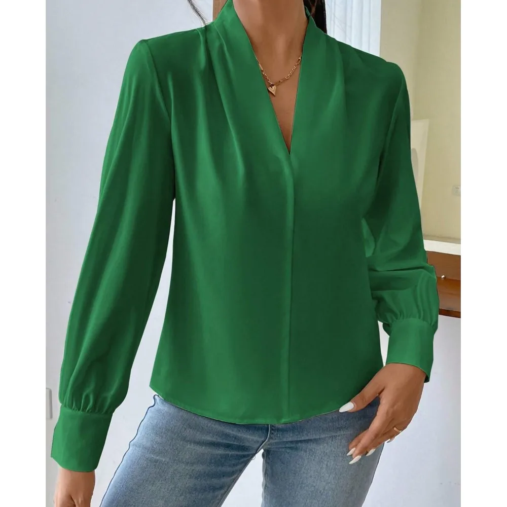 Elegant Office Lady Multi-color Pullover Shirt 2024 Autumn Winter New Long Sleeved Shirts V-neck Solid Color Loose Blouse Blusas