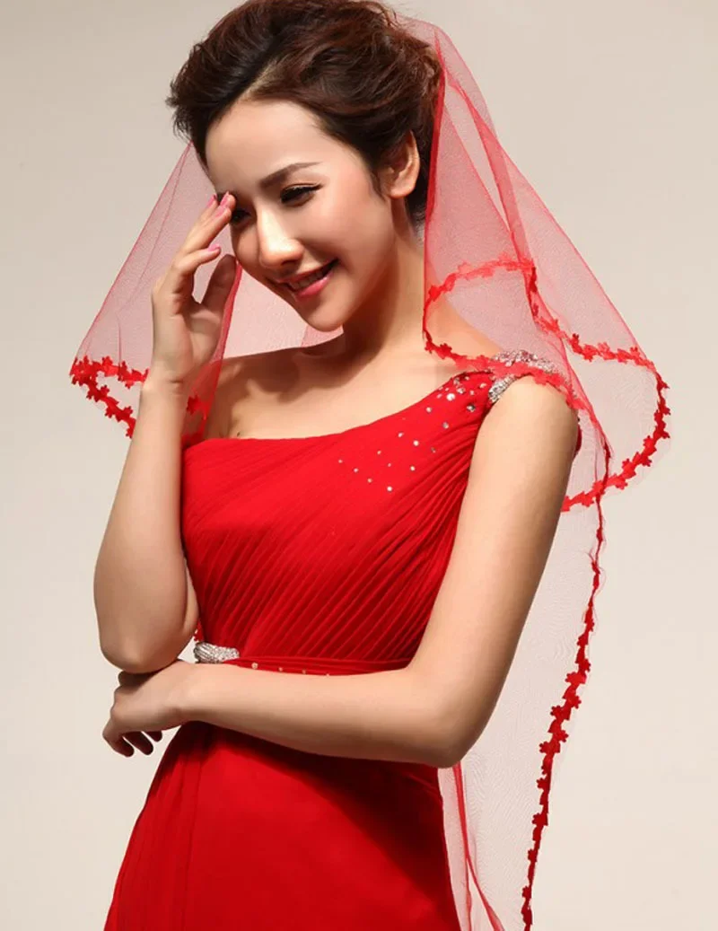 Bridal Wedding Party Single Layer Leaf Lace Small Veil White Red Wedding Hair Accessories