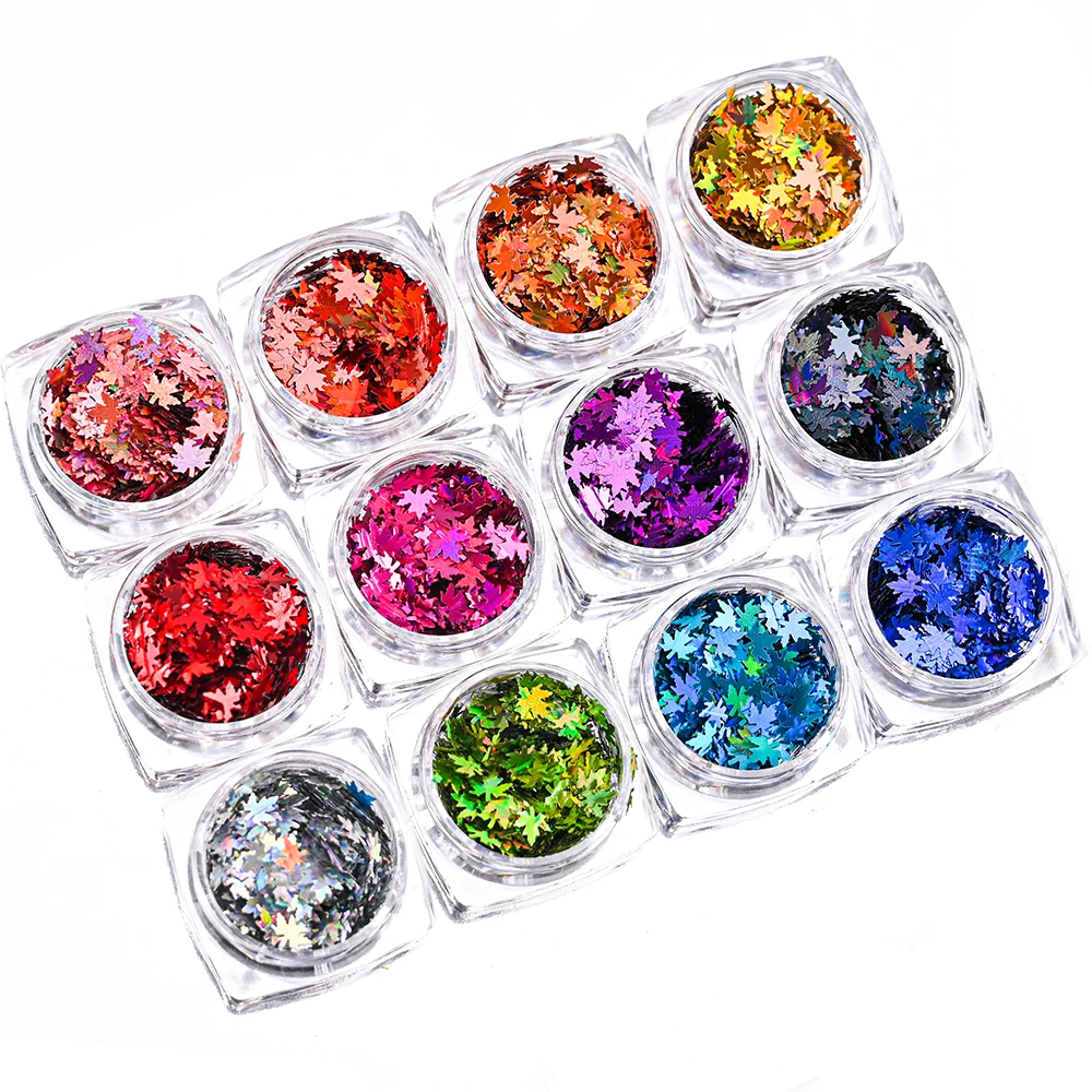 12 unids/set láser dorado colores mezclados hojas de otoño Paillettes decoración de uñas hoja de arce en forma de lentejuelas para uñas DIY manicura decoraciones brillantes *
