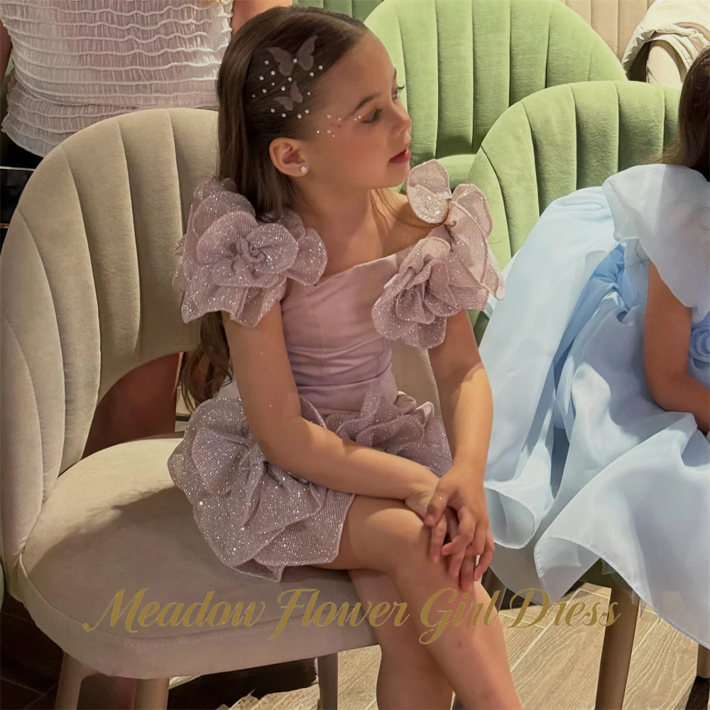 Meadow Lavender Children Birthday Wedding Dresses Off the Shoulder First Communion Gown 3D Floral Modest Girls Princess Dress