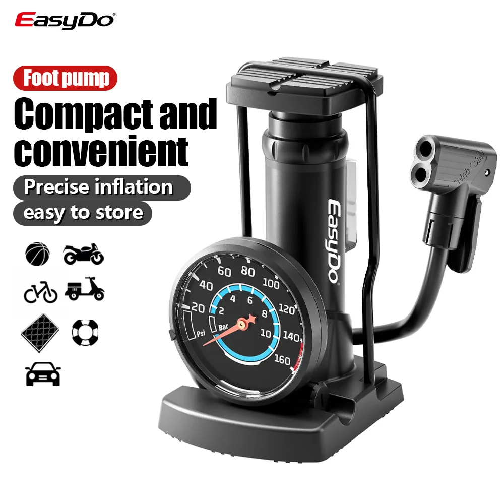 Easydo Bicycle Pump 80PSI AV FV Portable Bike Foot Air Inflator with Guage High Pressure Ultra-Light Mini Pump for Balls Balloon