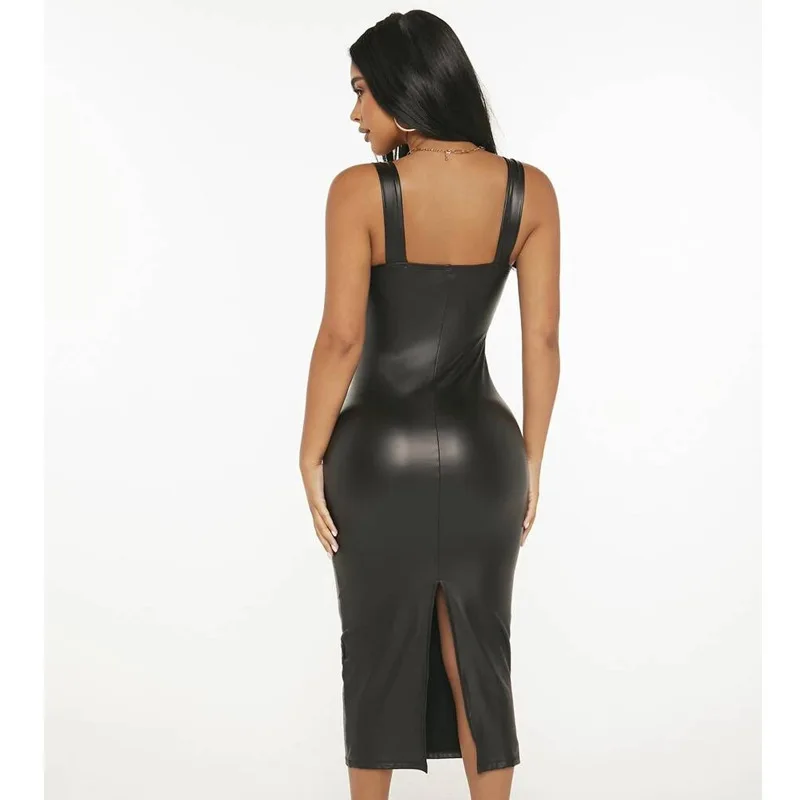 Sleeveless PU Leather Bodycon Back Split Women Long Slim Skinny Solid Color Fashion Casual Mid-Calf Length Dress