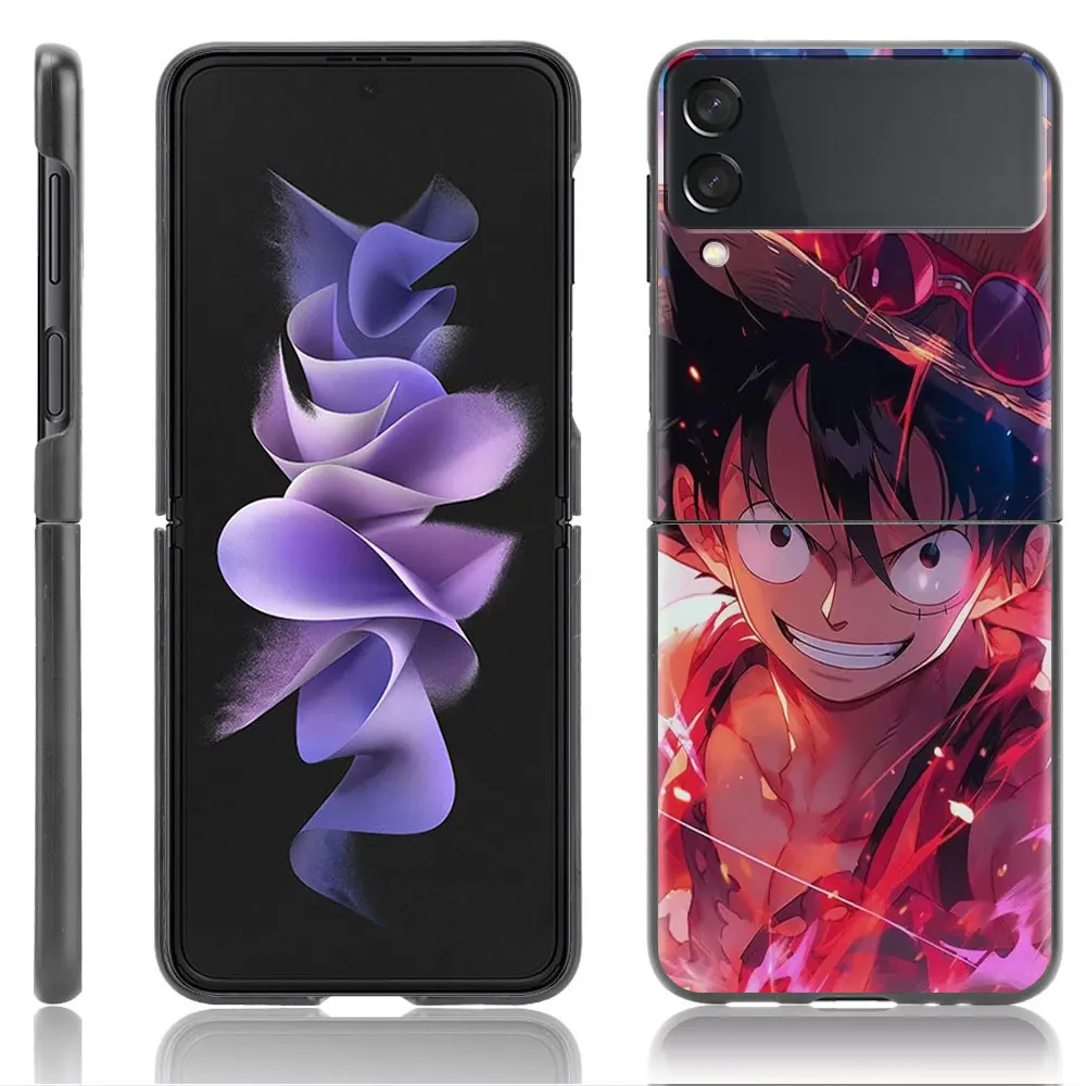 Case For Samsung Galaxy Z Flip 3 4 5G Black Hard PC Anti-knock Back Luxury Phone Cover Flip3 Flip4 Shell Luffy One-Pieces Anime