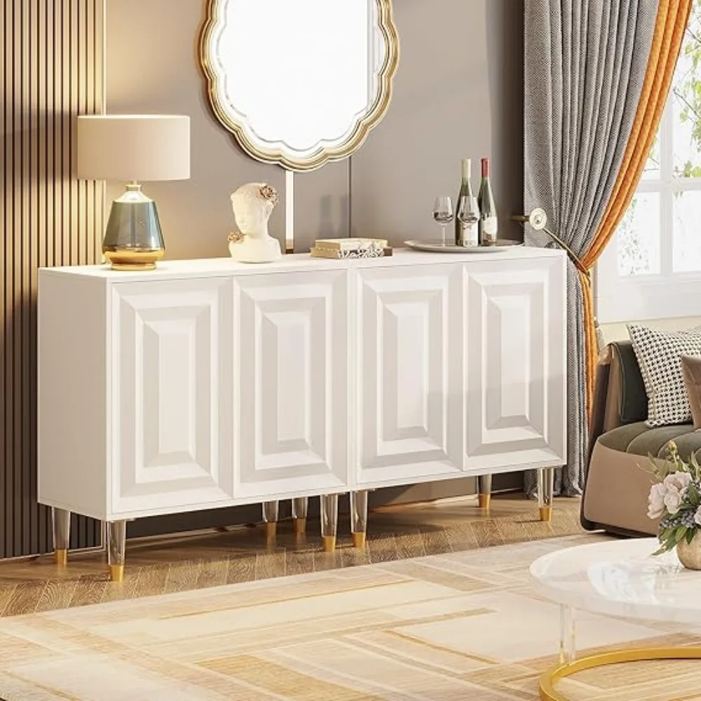 Aparador Buffet, mueble decorativo de cocina moderno de 63 pulgadas con 4 puertas y estantes de almacenamiento, mueble de barra consola