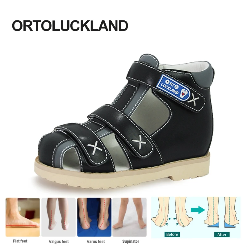 Ortoluckland Children shoes boys girls leather orthopedic sandals kids closed toe tiptoe flatfeet arch support footwear