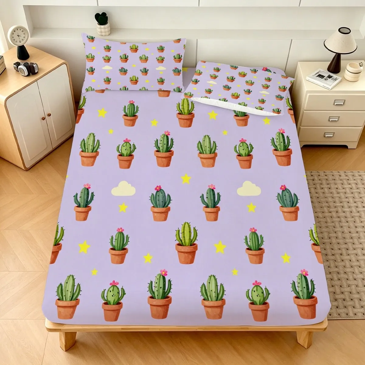 Cute and Whimsical Cactus and Nebula 2D Digital Print Three-Piece Bedding Set, Three-Piece Bedding Set (Including 1 Fitted Sheet + 2 Pillowcases), 3-Piece Set, Large Deep Pocket 2D Printed Fitted Sheet and 2 Pillowcases, Mattress Protector, Fitted Sheet Style, Protective Cover, Mattress Protector, Suitable for All Seasons, Machine Washable Design, Holiday Decoration, Various Sizes, Breathable Protective Cover Plus Pillowcase