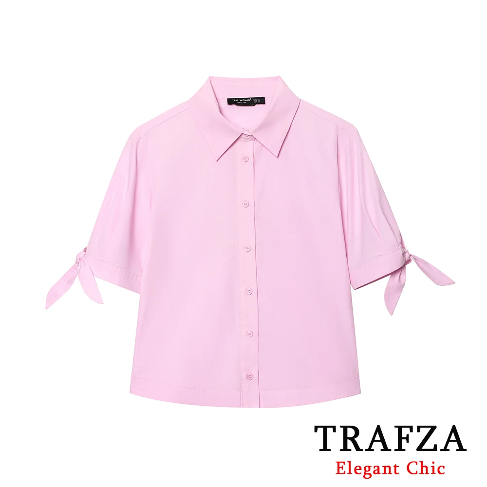 

TRAFZA Women Chic Casual Pink Shirt Bow Tie Single Breasted Lapel Short Shirt New 2025 Summer Fashion Office Lady Commuter Shirt