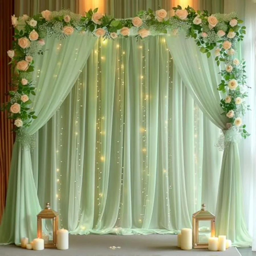 

20ft x 10ft green sheer tulle backdrop curtain with string lights for parties, weddings, baby showers, birthdays, and photograp