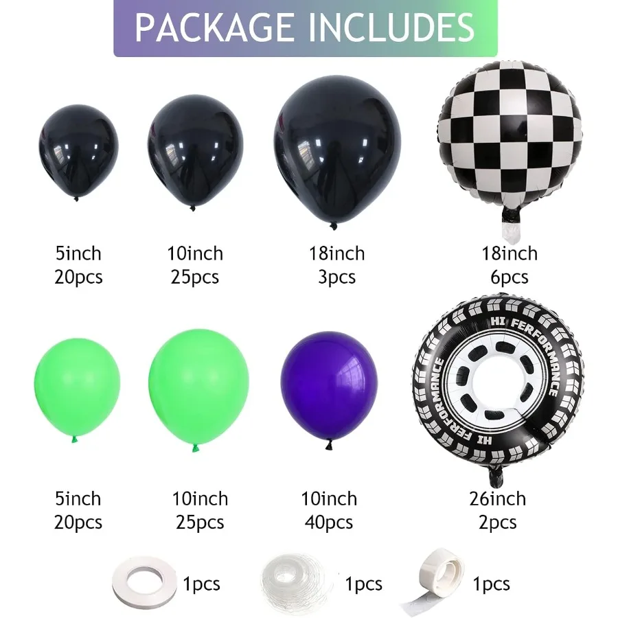 145Pcs Monster Truck Theme Purple and Green Black Balloon Garland Arch Kit with Big Wheels Checkered Foil Balloons for Truck Ra