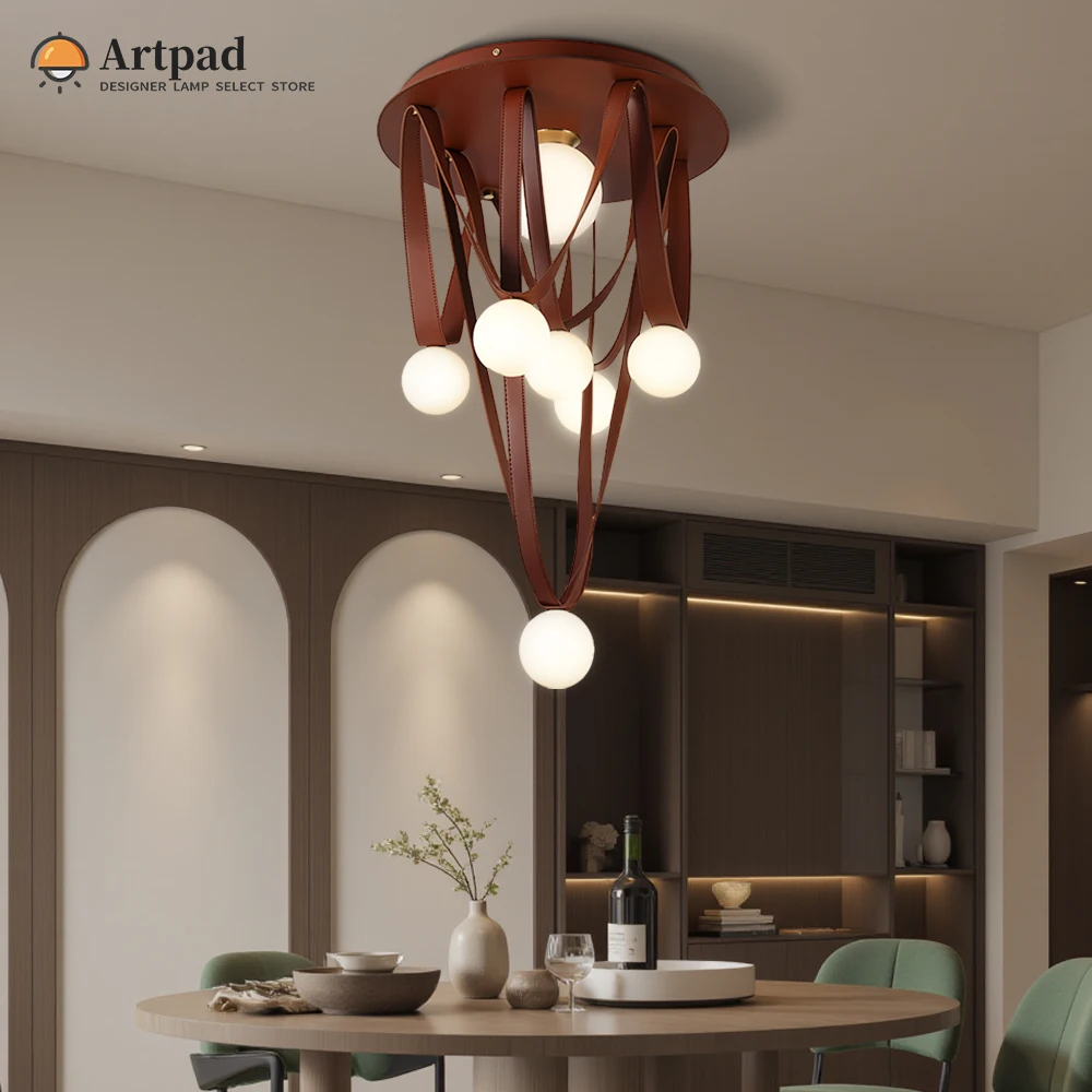 

Brown Leather Ceiling Chandelier For Living Room Bedroom Kitchen Table Modern Round Design Ceiling Lamp Lighting Fixture