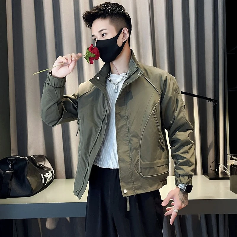 

Men's Military Green Autumn Jacket Premium Street Style Casual Stand Collar Utility Coat Trendy Edgy Fashion Outerwear