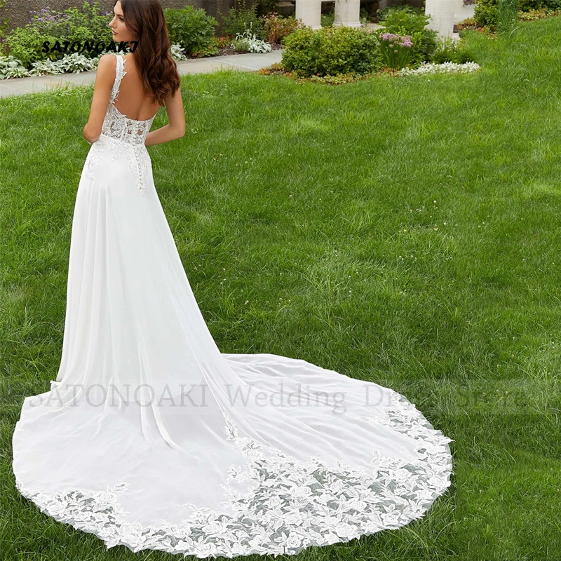 Elegant Square Collar Boho Lace Chiffon Wedding Dress for Women A-Line Backless Garden Bride Gown Vestido De Novia Robe Mariée