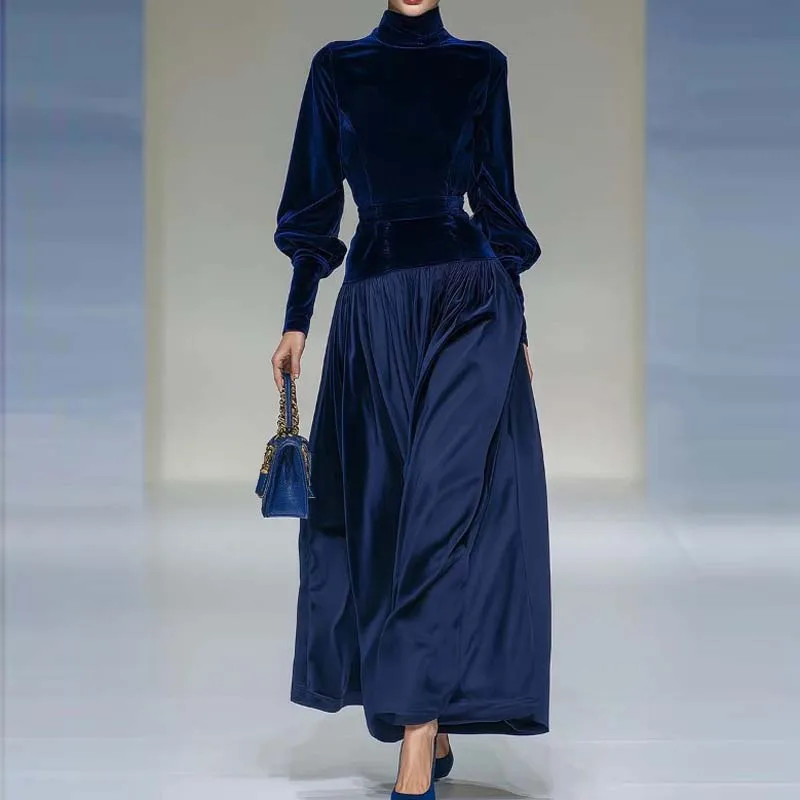 

Elegan High collar Velvet Patchwork Maxi Dress Women's High Neck Long Sleeve A-Line Swing Gown Modest Evening Party Prom Dress