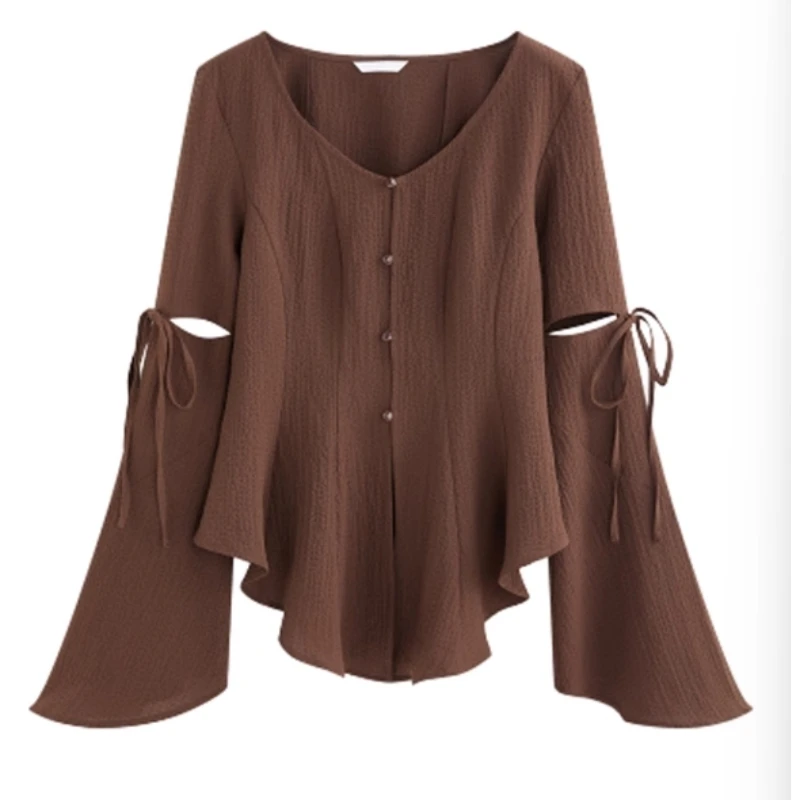 

French Elegant Asymmetrical Shirt for 2025 Autumn New Stylish Sweet Bell Sleeve Design Blouse