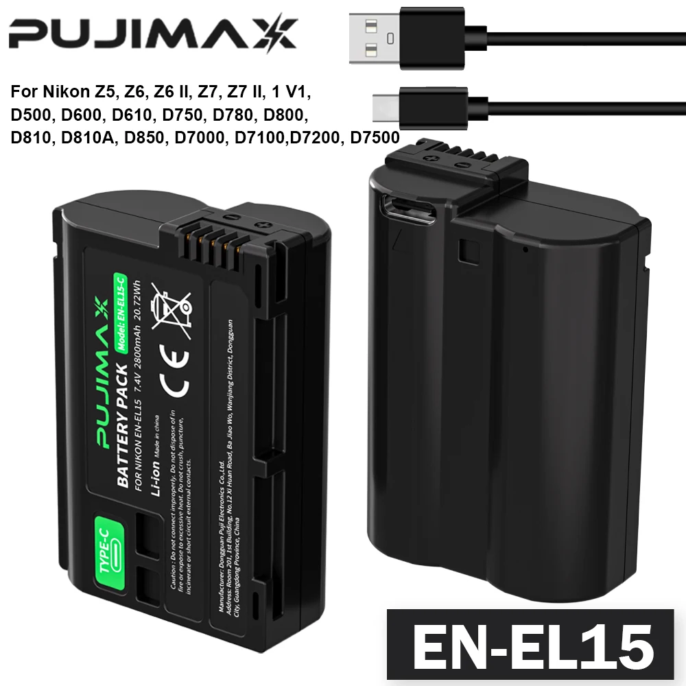 

PUJIMAX 2800mAh EN-EL15C EN-EL15 Battery with Type-C Port for Nikon Z5,Z6,Z6 II,Z7,Z7II D7000 D7100 D7200,D850 D750 D7500 D810