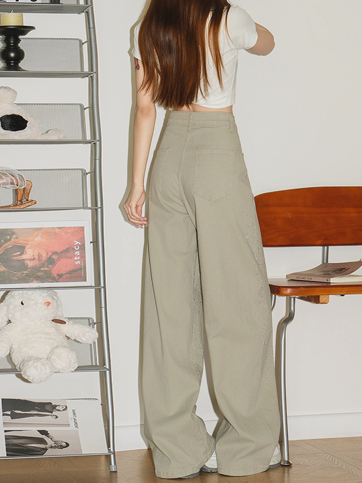American Style High Waist Jeans Women's Summer Loose Slim Wide Leg Pants Silver Sequin Knife  Casual Cotton Denim Skinnies