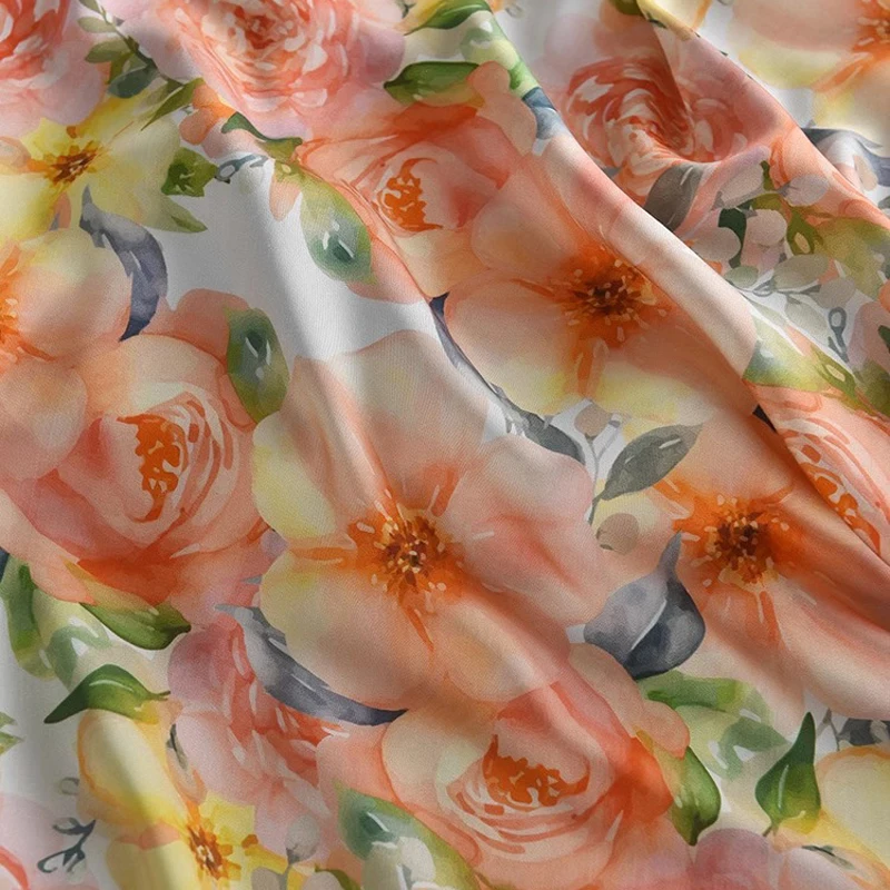 145CM Wide 200G/M 100% Rayon Fabric,Summer Thin Soft Dress Cheongsa Blouse Fabric with Gorgeous Orange Floral Printed R438