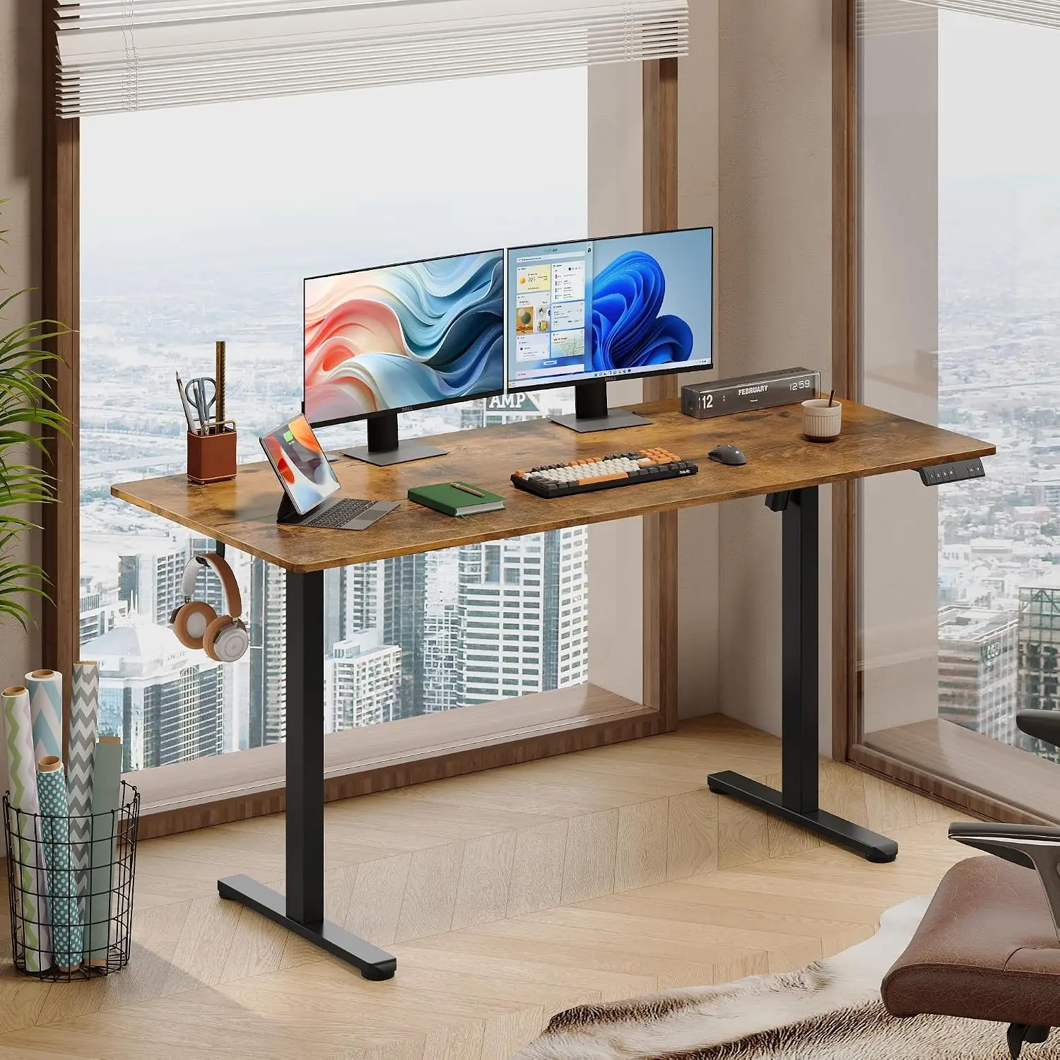 63 Inch Split Top Standing Desk Computer Workstation Rustic Brown, Customized