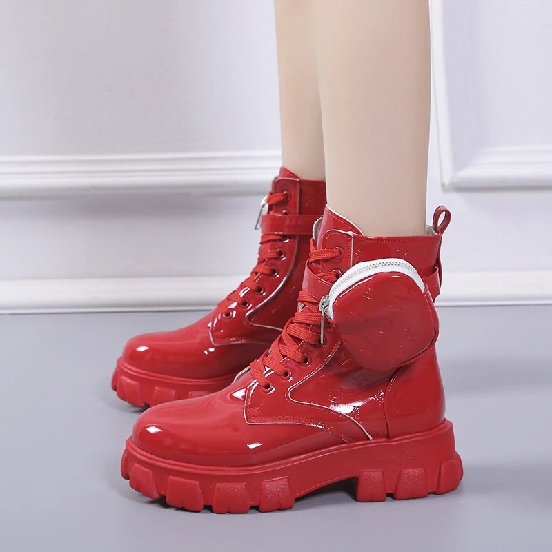 New Women Motorcycle Ankle Boots Wedges Lace Up Short Boots Platform Shoes of Women Pocket Bare Boots 2022 Women's Boots Mujer