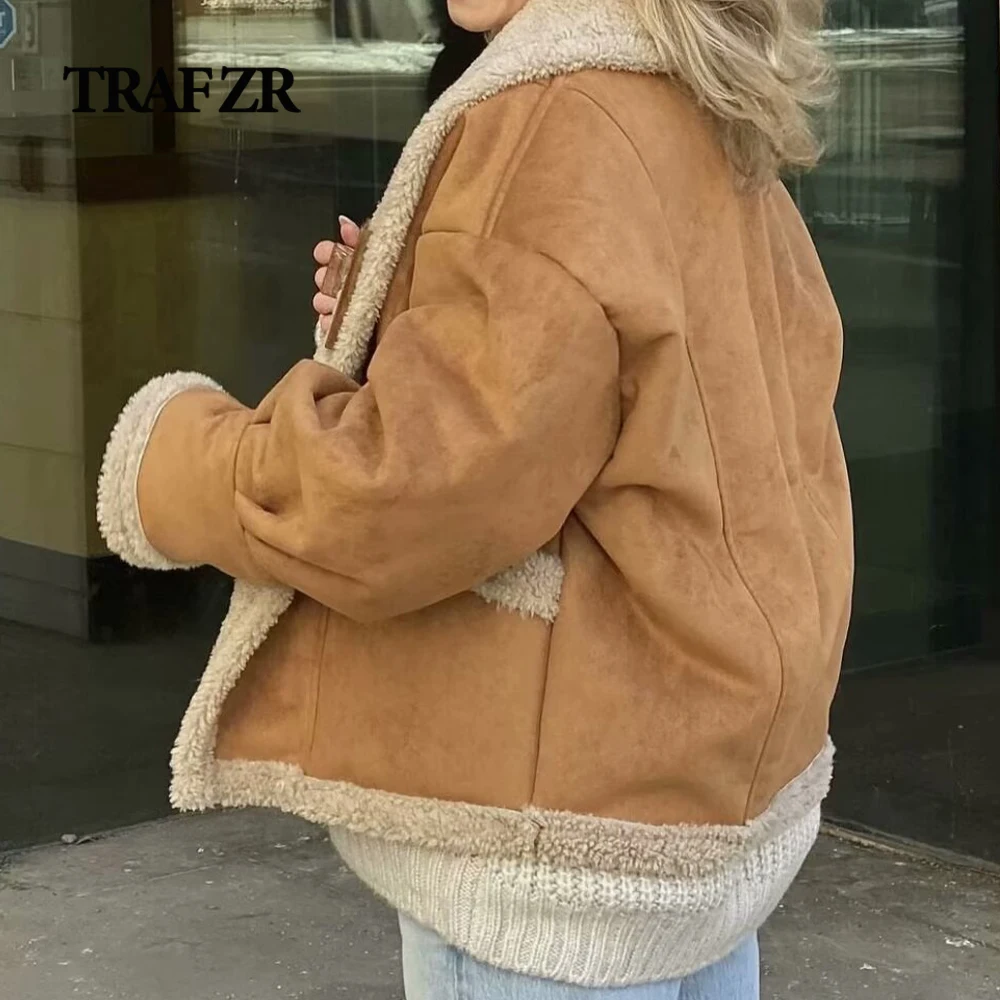 TRAF ZR Vintage Faux Fur Coat Shawl Collar Single Breasted Synthetic Leather Jackets for Women Women's Artificial Sheepskin Coat