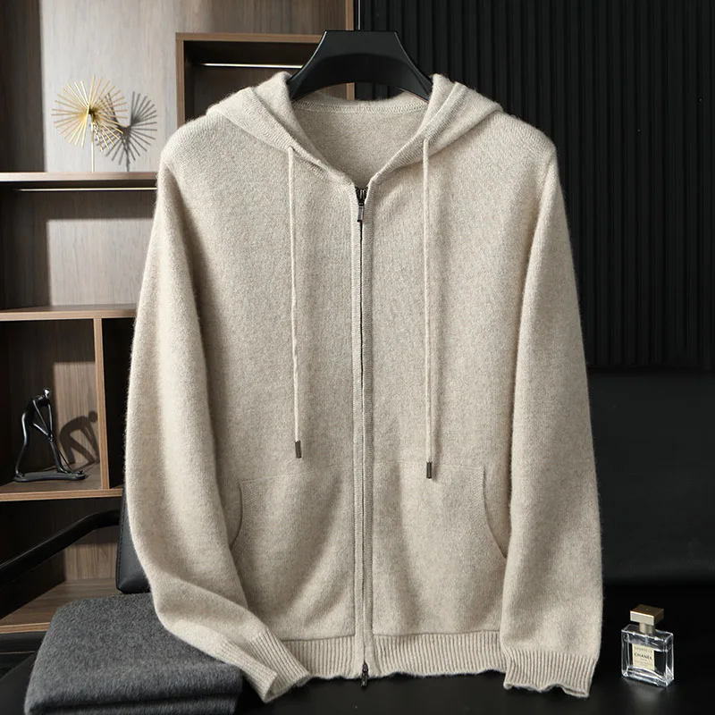 

New Youth Casual 100% Pure Cashmere Men's Fashion Hooded Sweatshirt Loose Knitted Cardigan Sports Cashmere Top Jacket