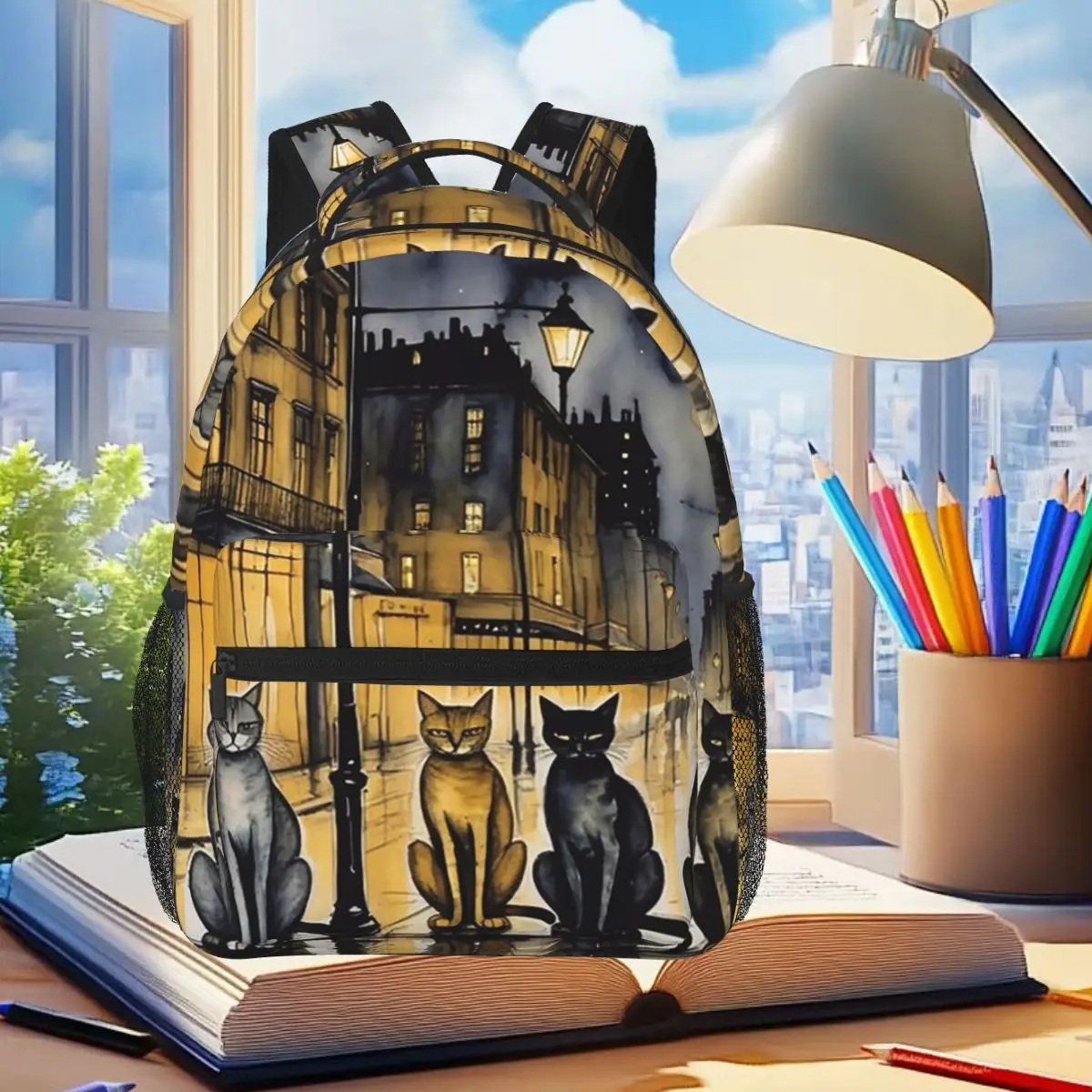 Black Cat And European Street Scene Backpack Student Boys Girls BookBag Children School Bag Laptop Shoulder Bags for Men Women