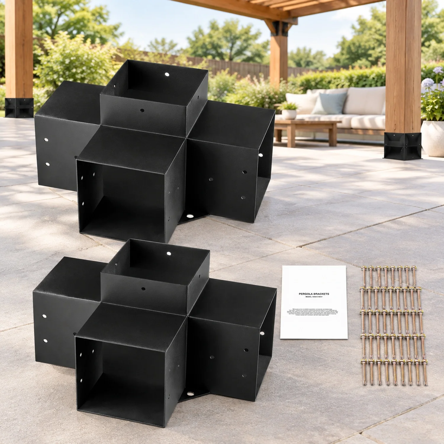 Pergola Bracket Kit 6''x6''(Inner Size 5.6x5.6), 2pcs 4-Way Heavy Duty Corner Woodworks DIY Post Base, Easy Installation Wooden