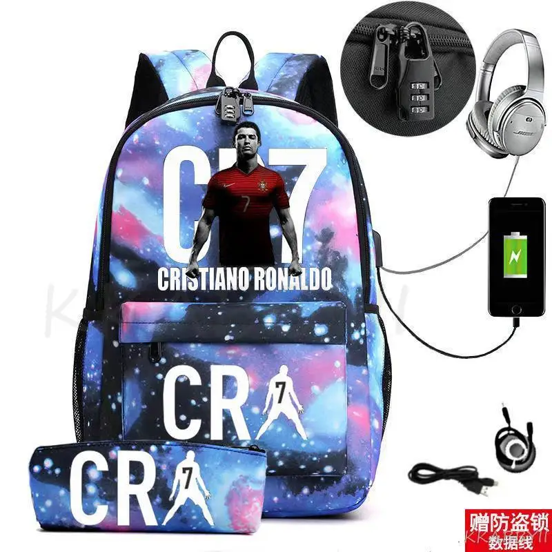 CR7 Backpack USB 17 Inch Capacity School Bag For Boys Girls Kids Backpack Teens USB Laptop Mochilas