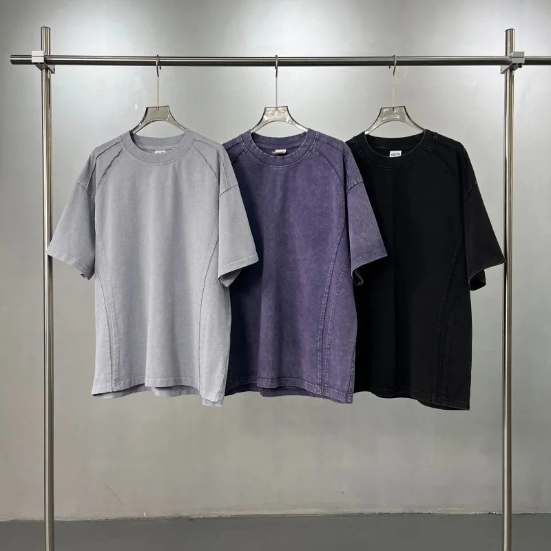 Heavyweight Cotton Vintage Distressed Paneled T-Shirt Men Oversized Multi-Color Casual Streetwear Top