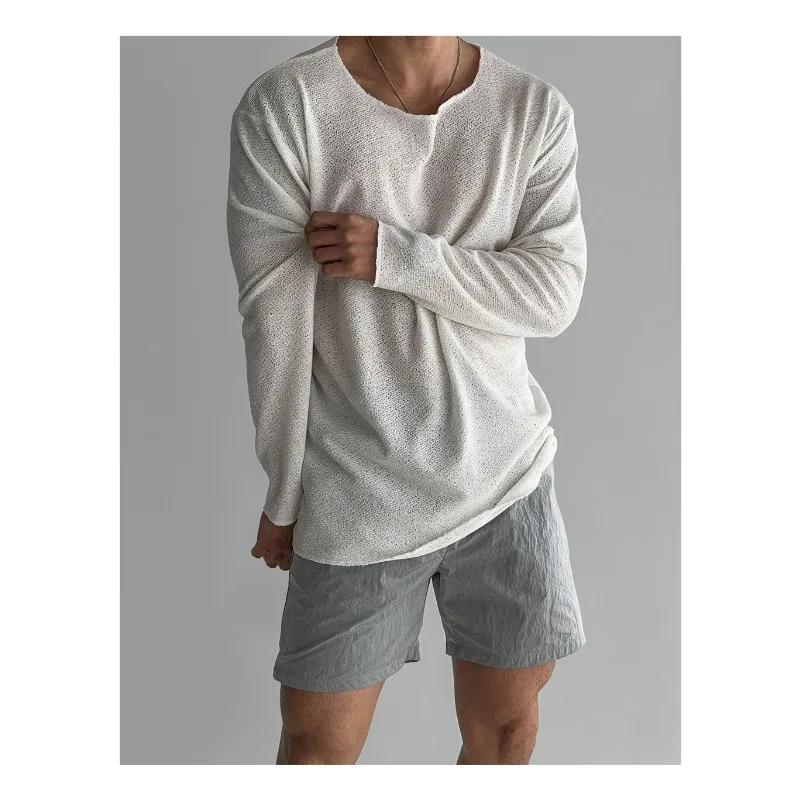 2026 Summer New Solid Men's Knitted Hollow Round Neck T-shirt Korean Fashion Harajuku Casual Loose Oversized T-shirt Streetwear