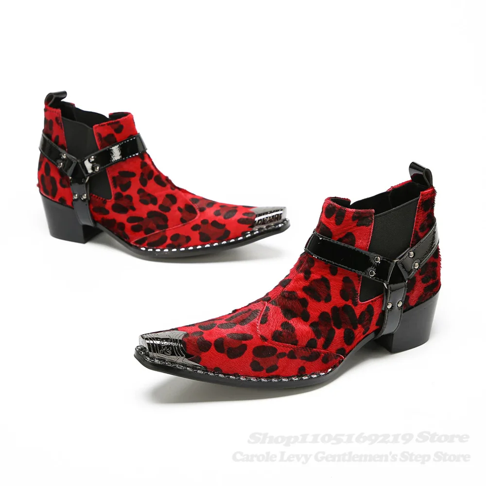 Leopard Pattern Splicing Trendy Men's Ankle Boots 2026 New Iron Pointy Toe Chunky Heel Slip On Youth High Top Leather Boot