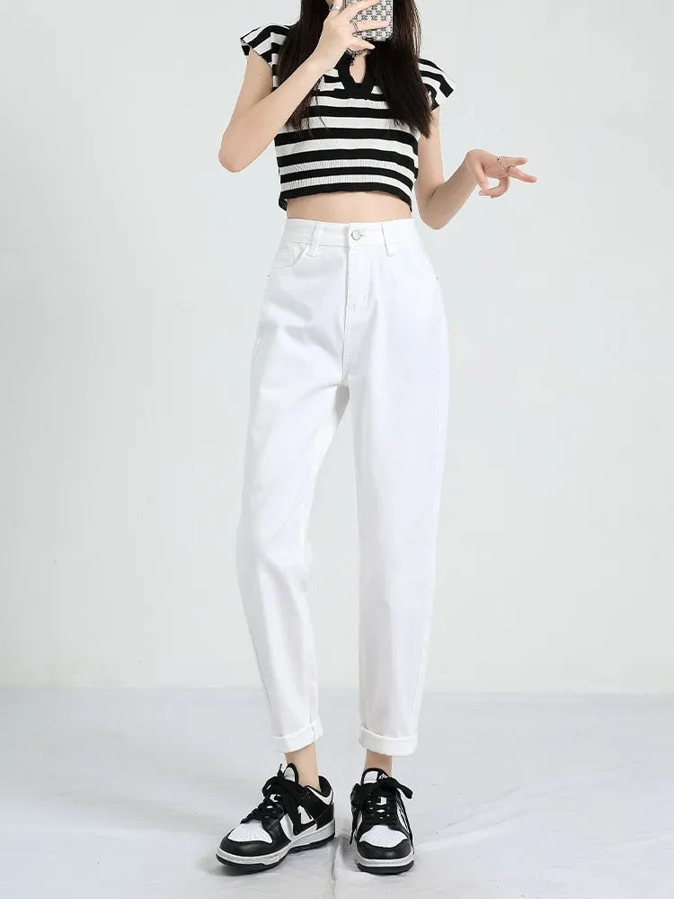 

GUUZYUVIZ White Jeans For Women Summer Casual Loose Pocket Denim Harem Pants Ladies Korean Fashion High Waist Baggy Jeans